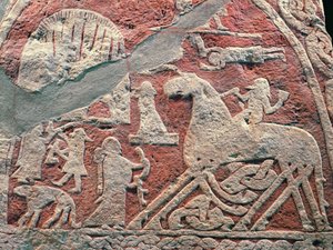Detalle de figuras ilustrando una saga, de la Isla de Gotland de Viking